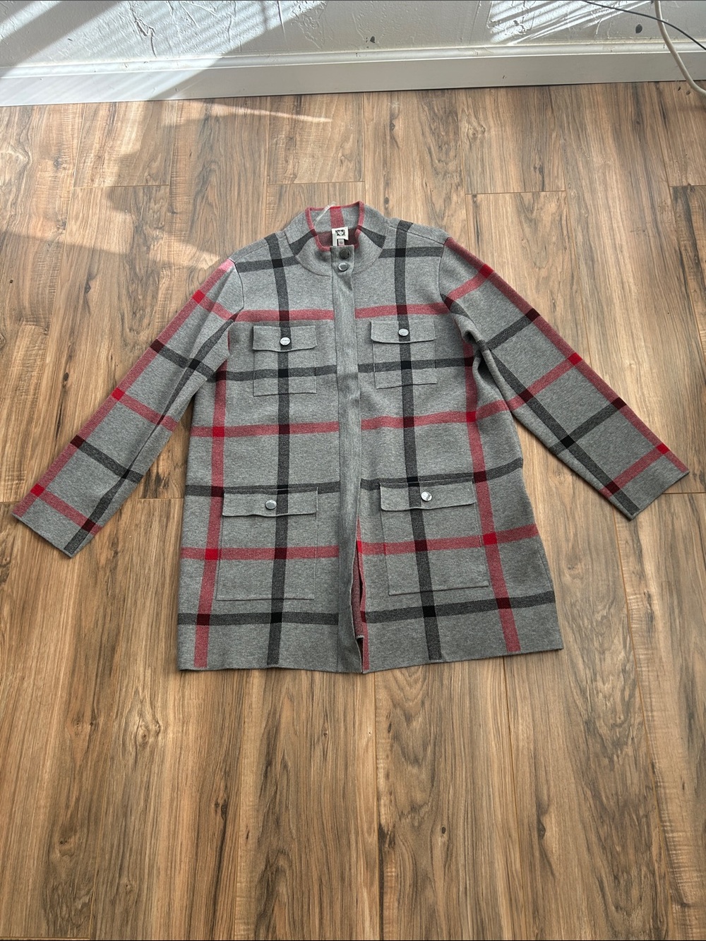 Anne Klein Grey Plaid Field Coat with Red and Black Windowpane